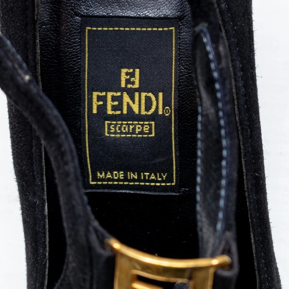 Vintage Fendi Scarpe Black Suede T-Strap Heels with Gold FF Buckle–Size 5.5/EU36